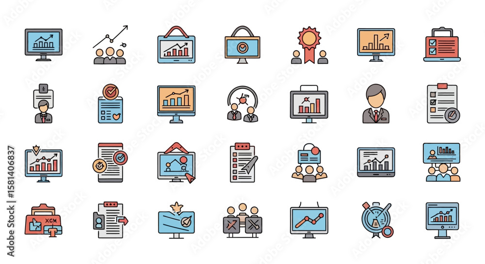 Poster set of vector icons business analysis and strategy icons set with charts and reports. vector illustr