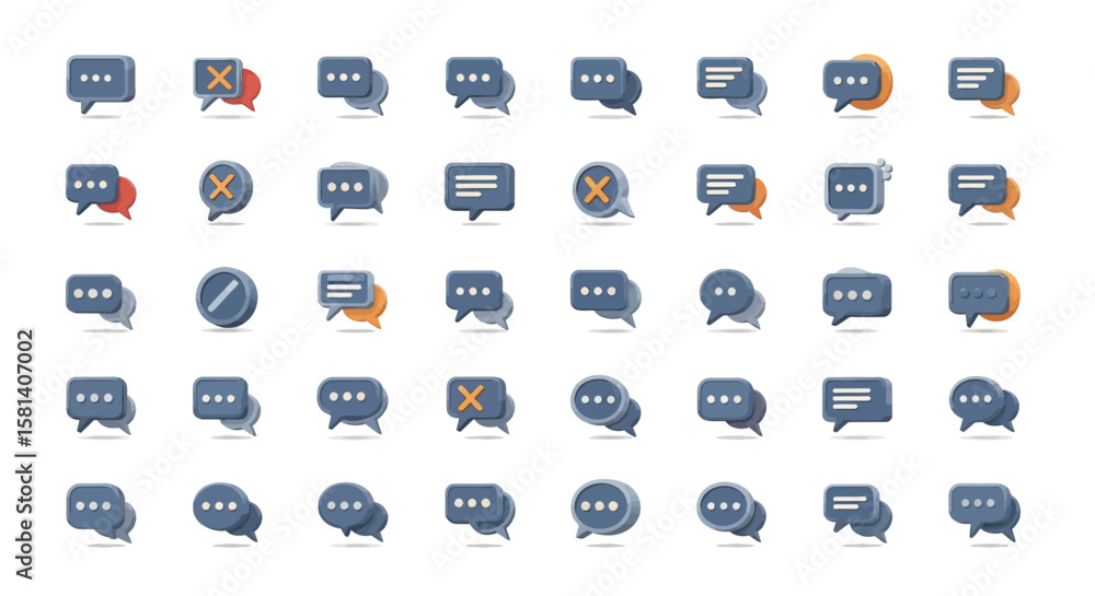 Poster set of vector icons collection of 3d isometric chat bubbles with various symbols. vector illustratio
