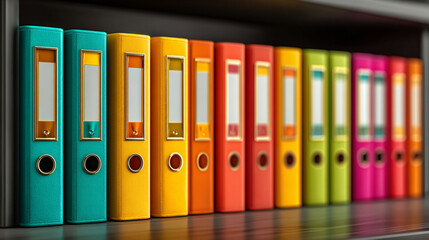 Colorful folders neatly arranged in a row on a shelf, organized and vibrant. Ideal for office, study, or workspace themes. Clean composition with caption space on the side for text or branding.

