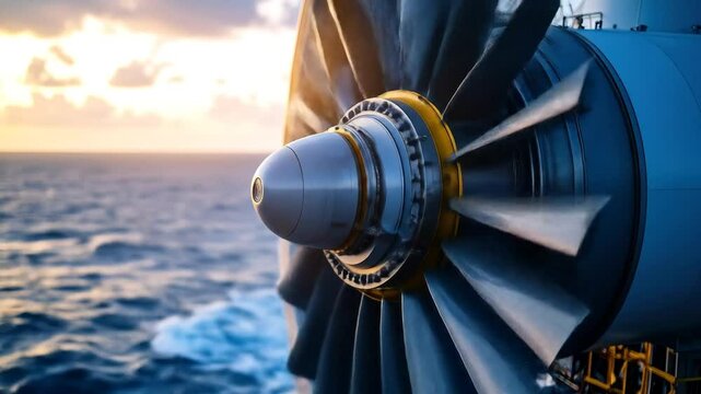 Closeup Industrial Engine At Sunset Over Ocean
