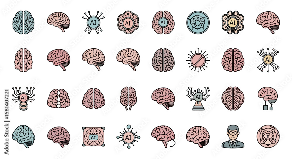 Poster set of vector icons collection of aibrain icons in various styles and poses. vector illustrations. e