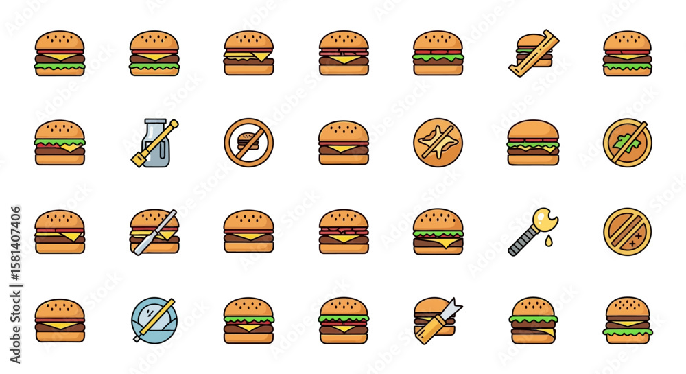 Poster set of vector icons collection of cartoon hamburger icons with variations. vector illustrations. eps