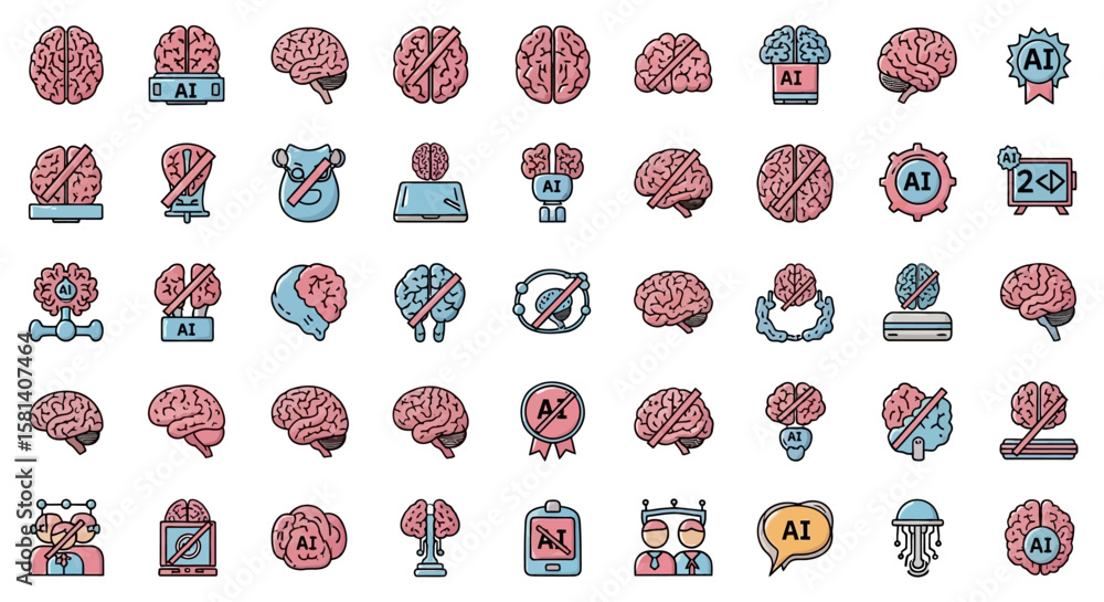 Poster set of vector icons collection of cartoonstyle brain icons with ai elements. vector illustrations. e