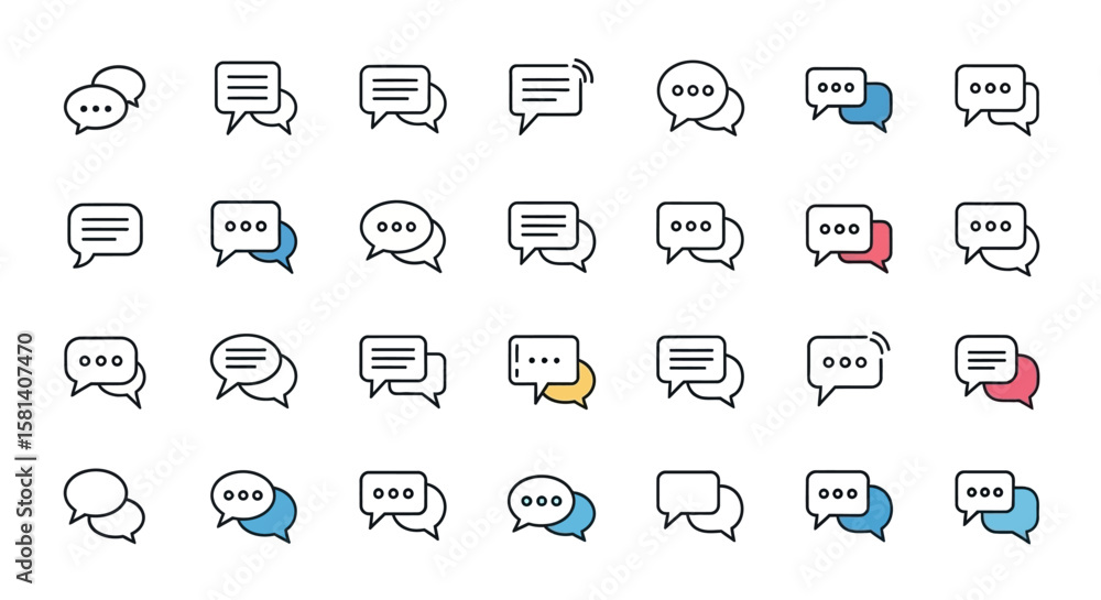 Poster set of vector icons collection of chat bubble icons with lines and dots some with color accents. vec