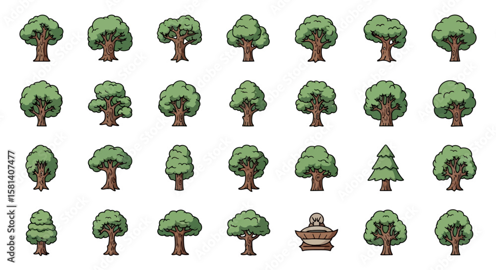 Poster set of vector icons collection of cartoonstyle green trees with brown trunks various shapes and size