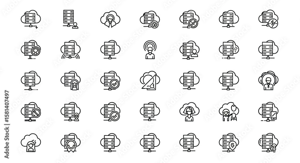Poster set of vector icons collection of cloud computing and server icons in black outline style. vector il