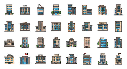 Set of Vector Icons Collection of Cartoon Office Building Icons in Various Styles. Vector Illustrations. EPS Editable