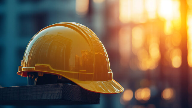 Construction worker’s yellow hard hat helmet with blurred American flag in the background. Symbolizing Labor Day, workers’ pride, and American workforce. Space for caption on the side.


