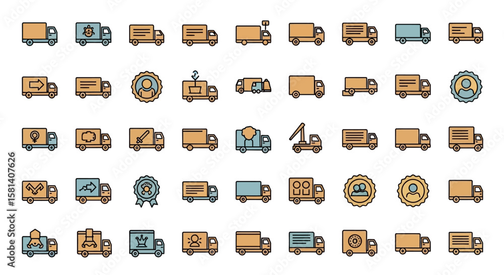 Poster set of vector icons collection of colorful delivery trucks and badges in vector style. vector illust
