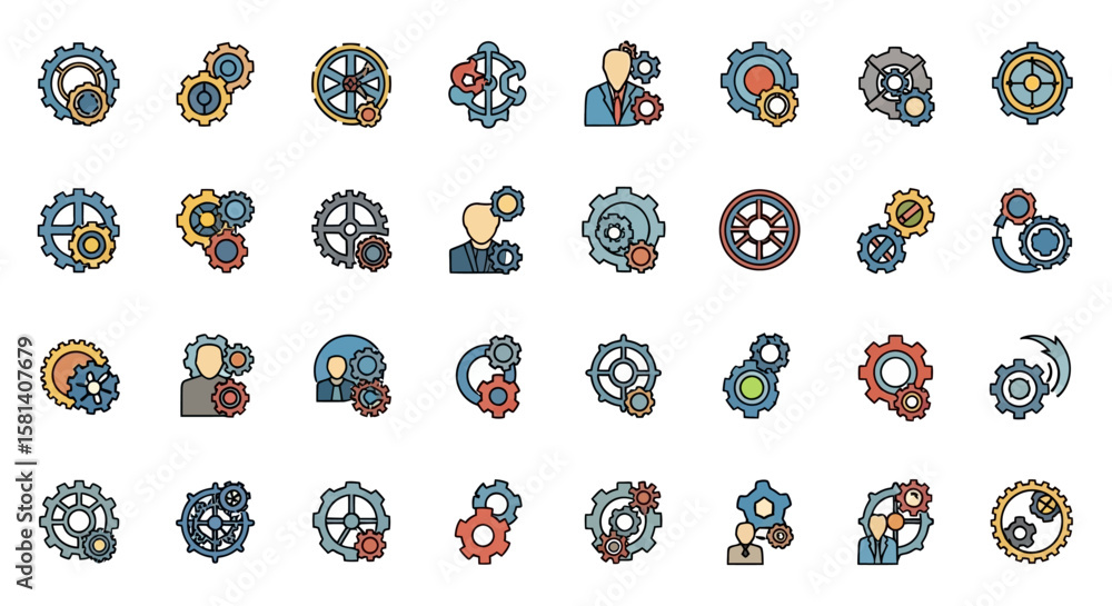 Poster set of vector icons collection of colorful gear icons with outline style. vector illustrations. eps 