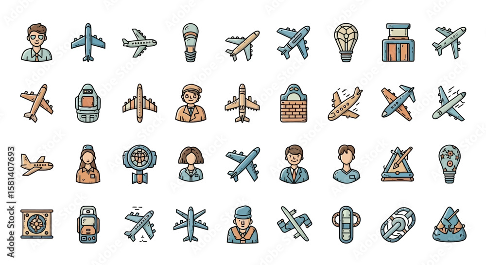 Poster set of vector icons collection of colorful handdrawn airplane icons with various styles and designs.