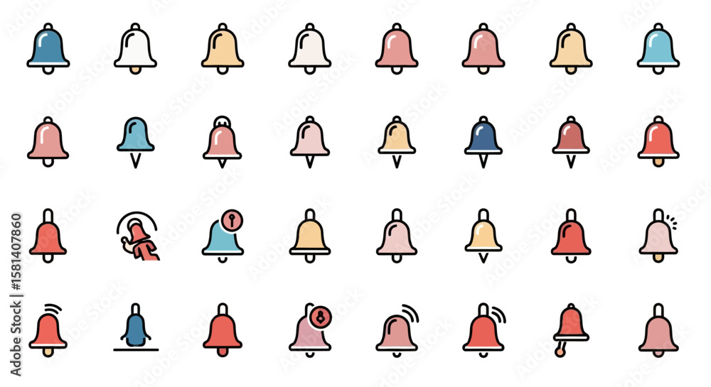 Poster set of vector icons collection of colorful notification bell icons with various styles and alerts. v