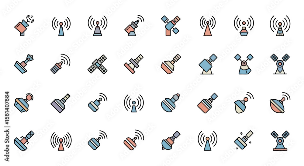 Poster set of vector icons collection of colorful satellite and communication icons. vector illustrations. 
