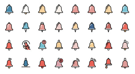 Set of Vector Icons Collection of Colorful Notification Bell Icons with Various Styles and Alerts. Vector Illustrations. EPS Editable