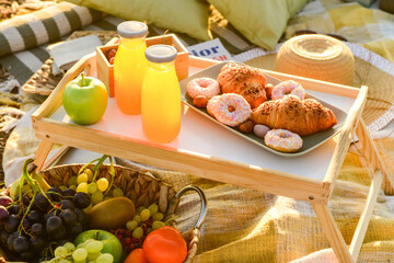 Picnic with tasty food and juice in field at sunset, closeup
