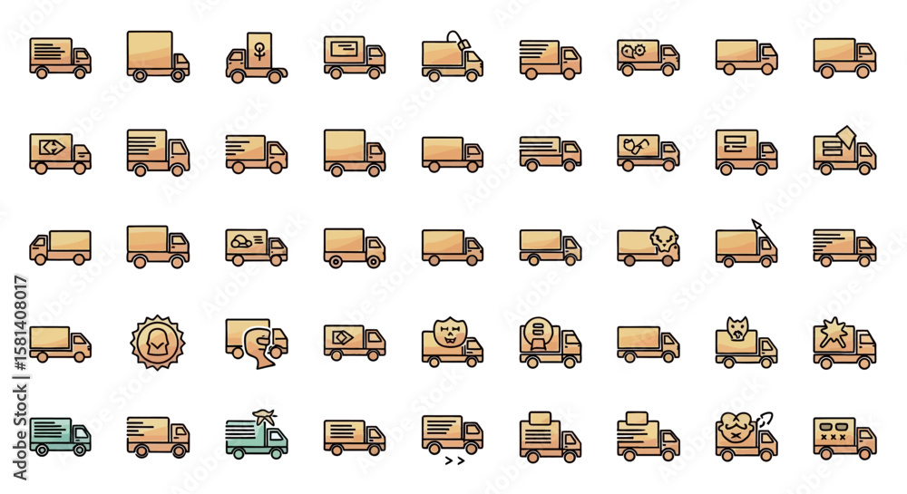 Poster set of vector icons collection of delivery truck icons with various cargo and styles outlined. vecto