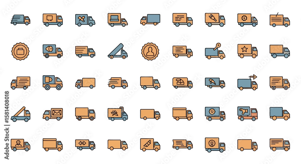 Poster set of vector icons collection of delivery truck icons with various cargo and design elements. vecto