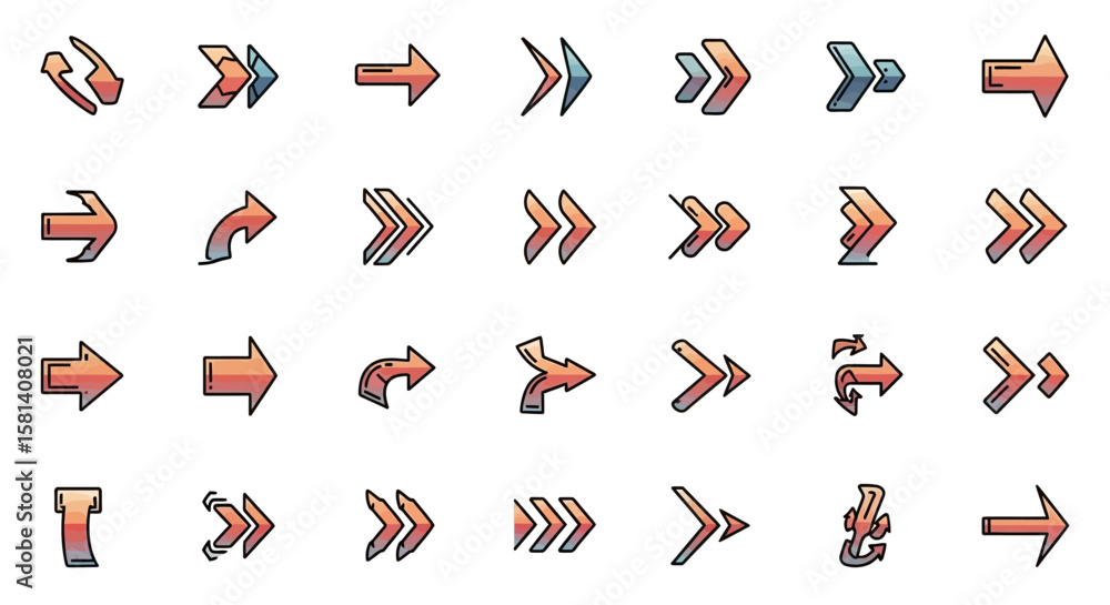 Poster set of vector icons collection of directional arrows with gradient fill and black outline design. ve