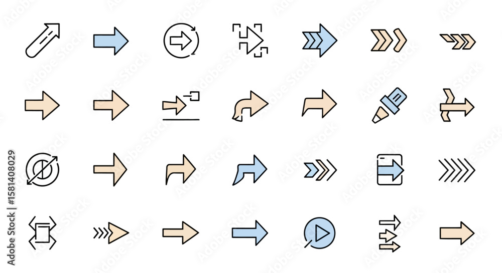 Poster set of vector icons collection of directional arrows with various styles and designs. vector illustr