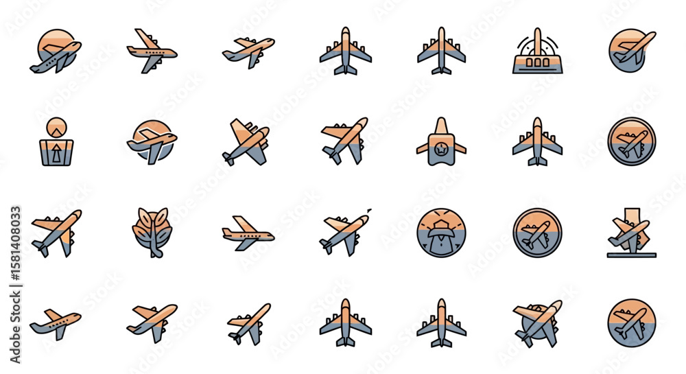 Poster set of vector icons collection of diverse airplane icons top side and landing views in orange and gr