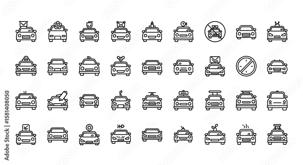 Poster set of vector icons collection of diverse car icons front view line art style. vector illustrations.
