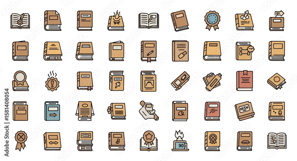 Poster set of vector icons collection of diverse books illustrated icons with unique designs and features. 