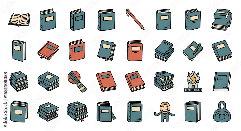 Aufkleber set of vector icons collection of diverse cartoon books open closed stacked red and teal with a pen.