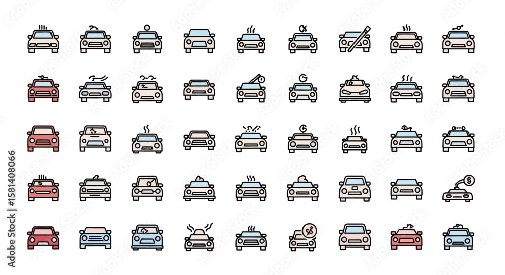 Poster set of vector icons collection of diverse car icons front view various colors and conditions. vector