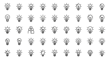 Set of Vector Icons Collection of Diverse Light Bulb Line Icons Ideas Innovation and Inspiration. Vector Illustrations. EPS Editable