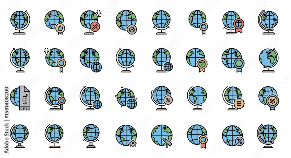 Poster set of vector icons collection of globe icons with various symbols and styles flat design. vector il