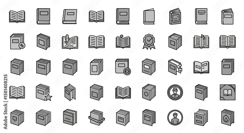 Poster set of vector icons collection of gray and black book icons open closed stacked and various actions.