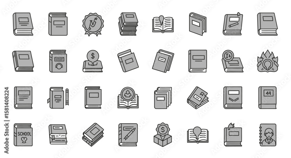 Poster set of vector icons collection of gray books icons with various themes and styles. vector illustrati