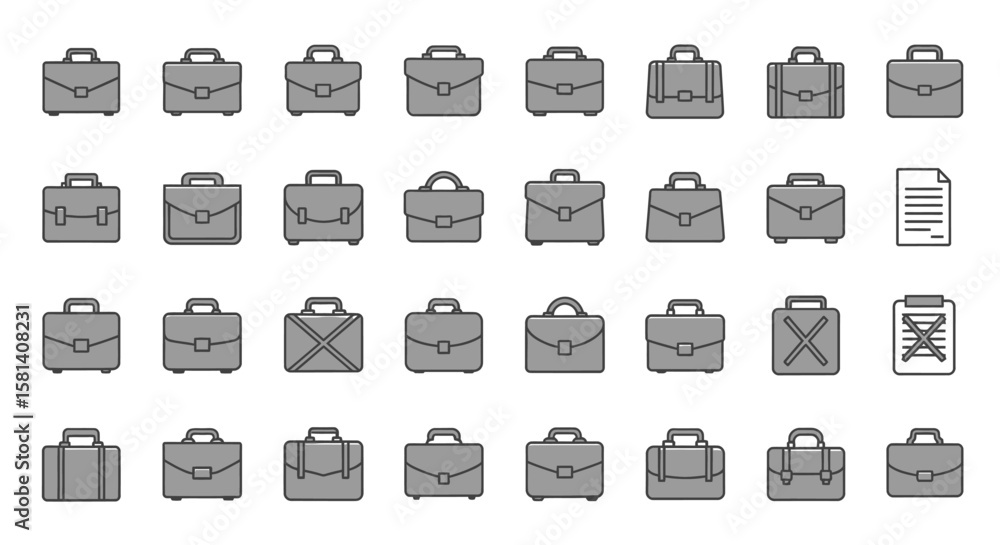 Poster set of vector icons collection of gray briefcase icons with various designs and styles. vector illus