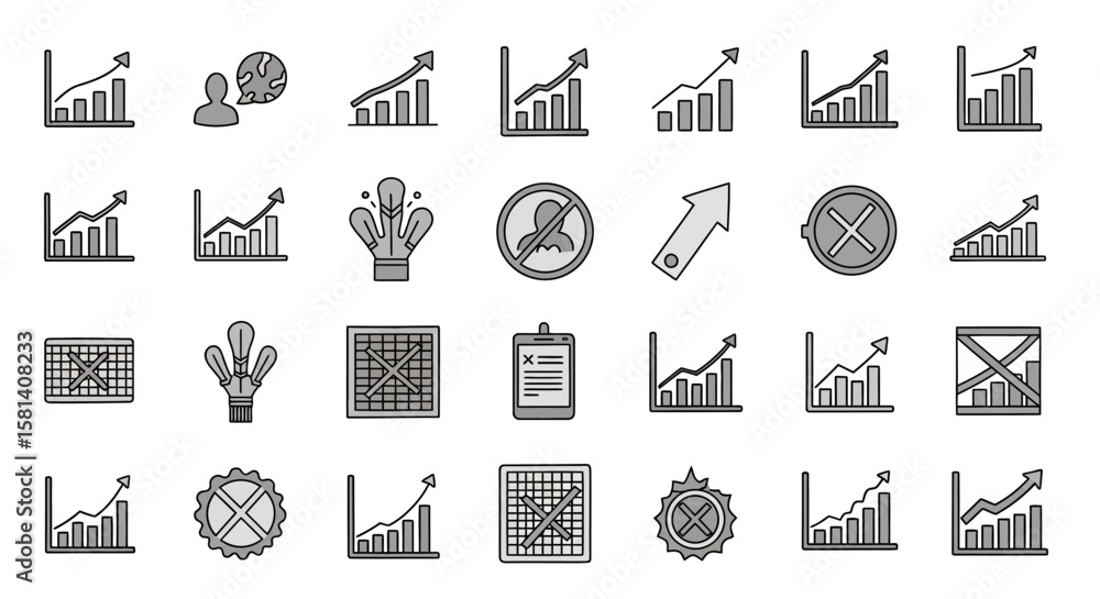 Poster set of vector icons collection of gray business and finance icons representing growth and decline. v