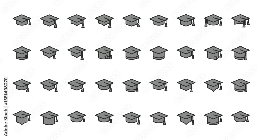 Aufkleber set of vector icons collection of gray graduation caps with variations in shape and detail. vector i