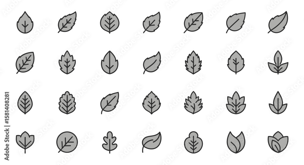 Aufkleber set of vector icons collection of gray leaf icons with black outlines in various shapes. vector illu