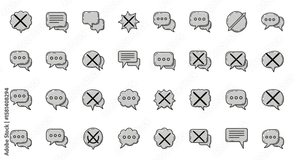 Poster set of vector icons collection of gray speech bubbles with various designs and symbols. vector illus