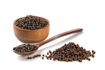 Black pepper seed in wooden bowl and spoon isolated on white background.