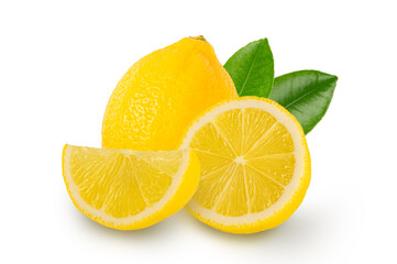 Lemon with slices and leaves isolated on white background