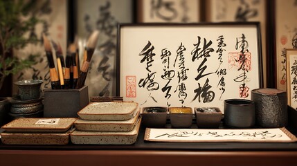 Calligraphy Supplies Still Life with Brush Ink and Paper