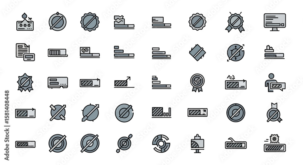 Poster set of vector icons collection of grey and black linear progress bar and quality control icons. vect