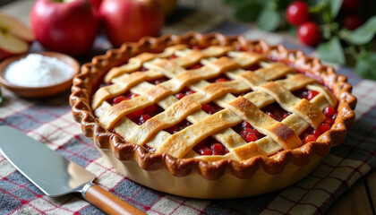 Homemade Cherry Pie in Cozy Kitchen Environment with Vibrant Ingredients