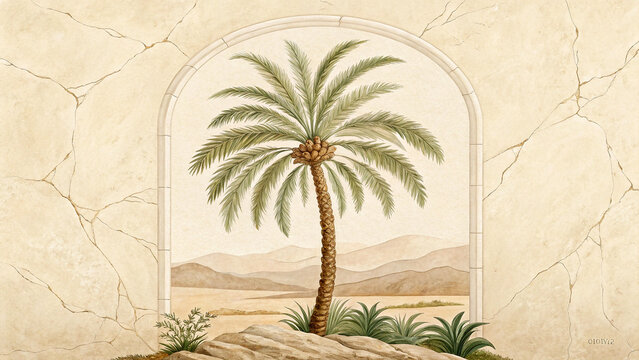 Watercolor painting of a solitary palm tree viewed through an arched opening in a cracked wall
