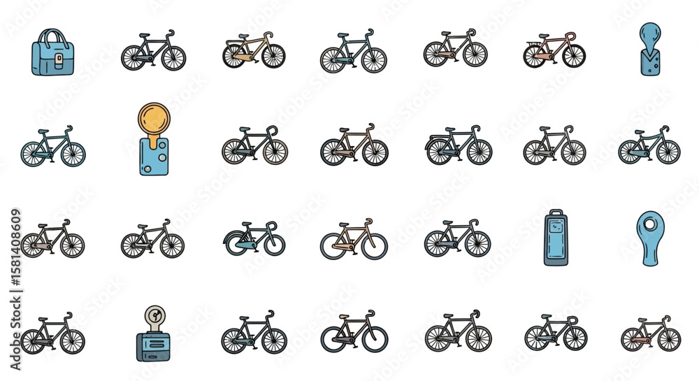 Poster set of vector icons collection of handdrawn bicycles and accessories in various styles and colors. v