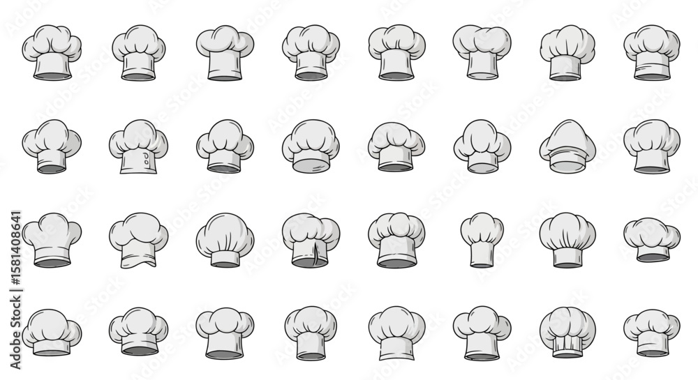 Poster set of vector icons collection of handdrawn gray and white chef hats in various angles. vector illus
