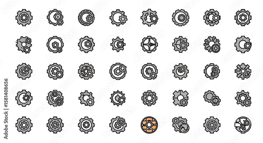 Poster set of vector icons collection of interlocking gears in various configurations. vector illustrations