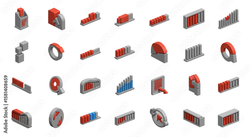Poster set of vector icons collection of isometric 3d red and gray progress bar and chart icons. vector ill