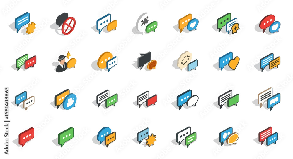 Poster set of vector icons collection of isometric 3d speech bubbles with diverse icons and styles. vector 