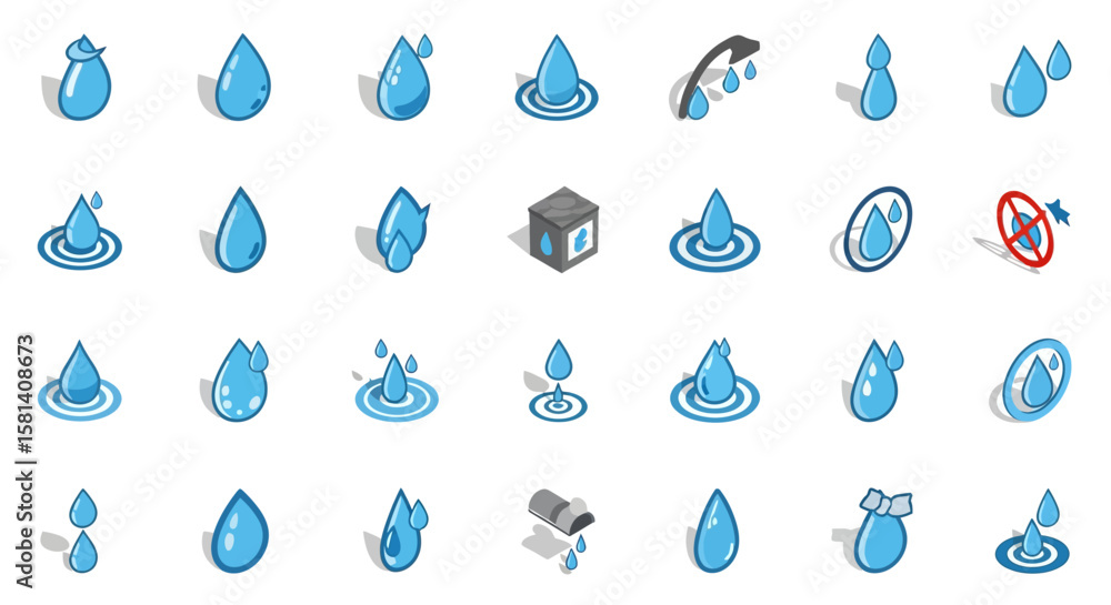Poster set of vector icons collection of isometric blue water drop icons various styles and poses. vector i