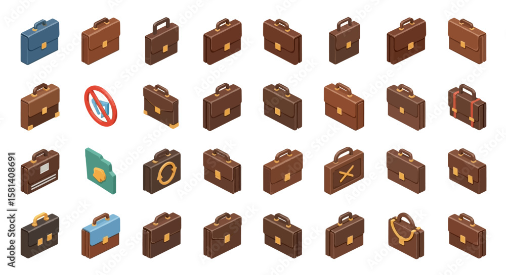 Poster set of vector icons collection of isometric business briefcases in various styles and colors. vector